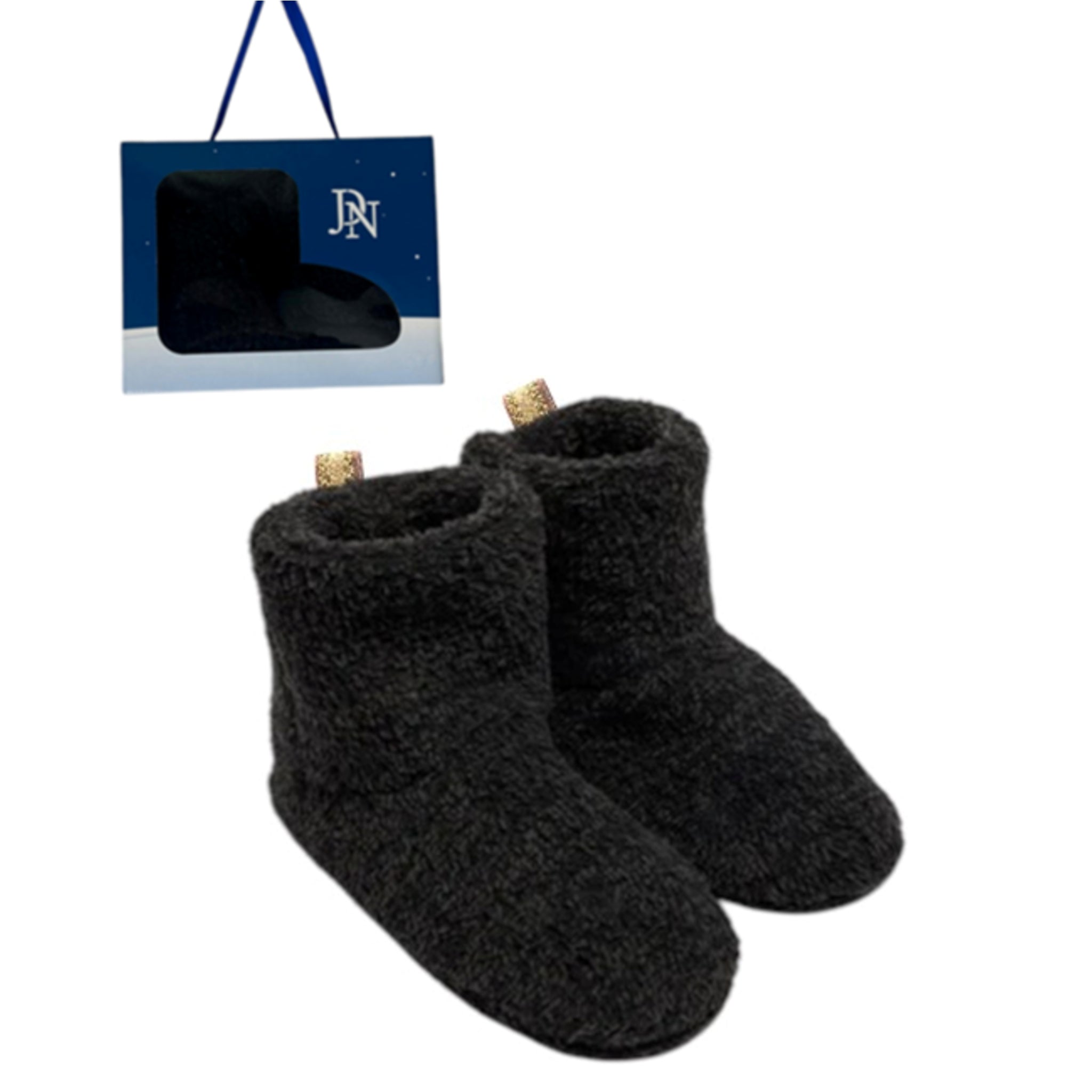 Women's black fleece-lined bootie slippers in gift box β cozy winter indoor footwear with non-slip soles